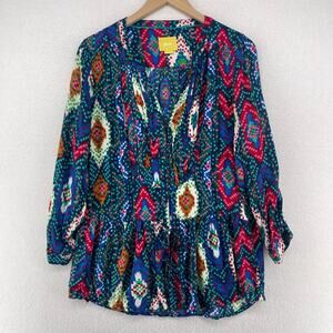 MAEVE Blouse 6 Anthropologie Topoxte Ikat Button Front Drop Waist Tunic Blue